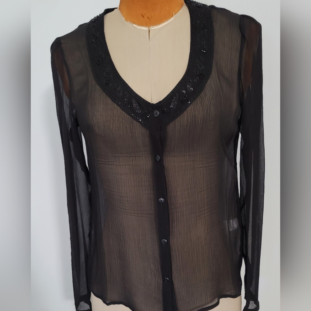 Sheer plisse' silk beaded top  Sz 10